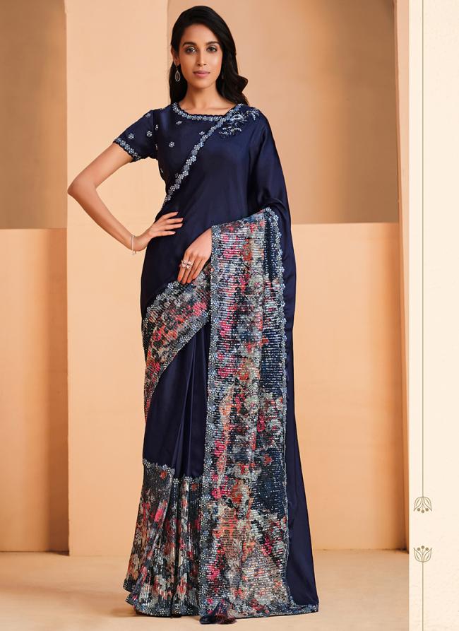 Satin Crepe Silk Navy Blue Party Wear Embroidery Work Saree